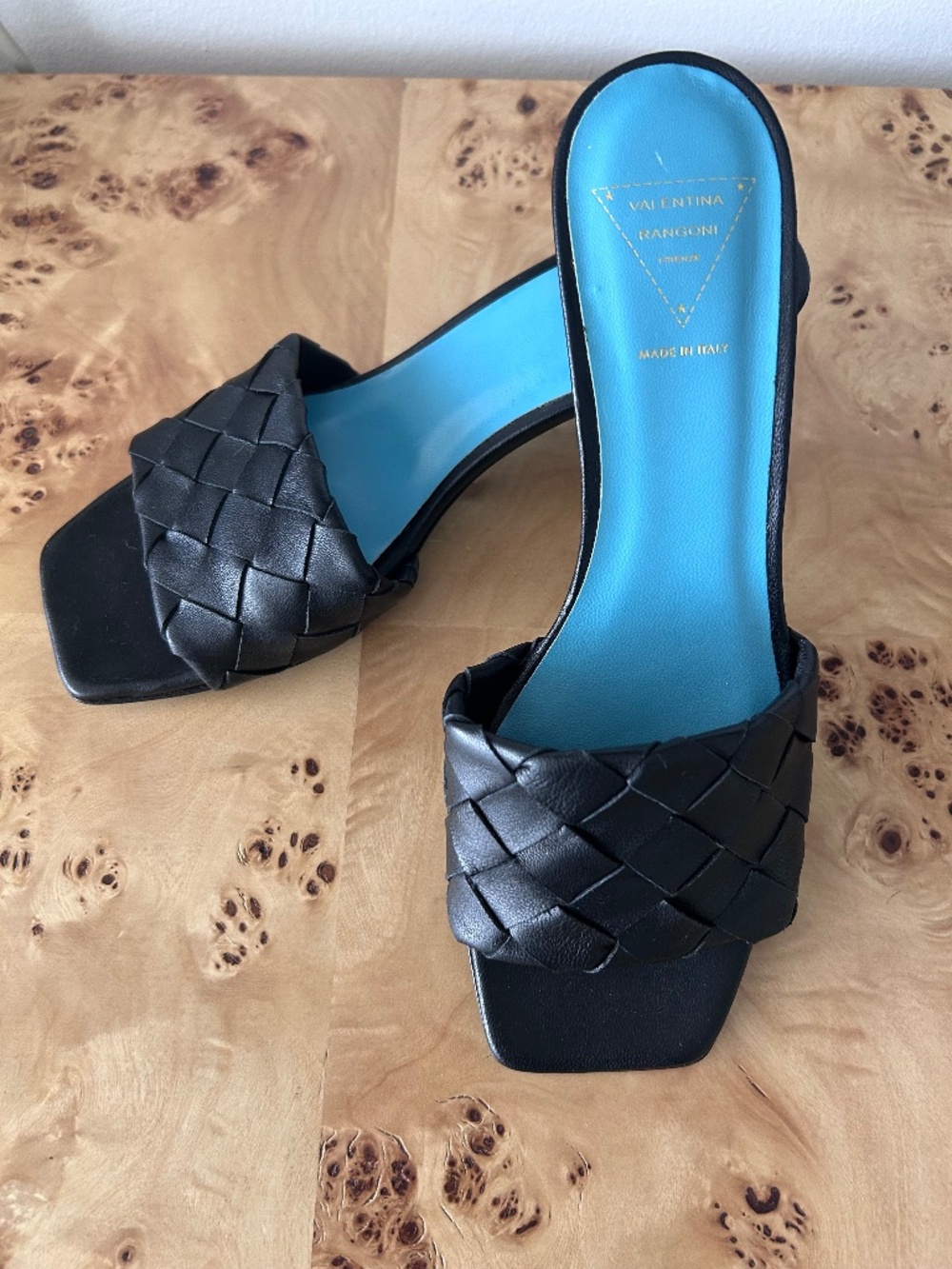 EXC VALENTINA RAGONI Woven Leather Square Toe Kitten Heel Sandal Mules 6